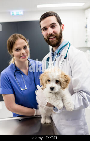 Portrait of vet holding dog Banque D'Images