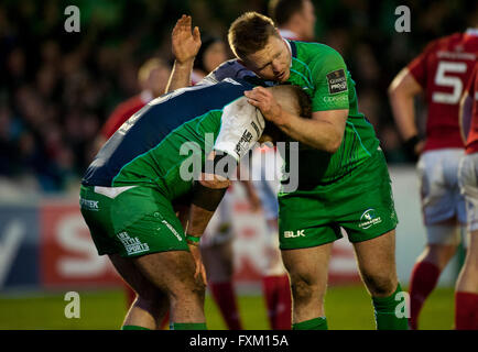 Galway, Irlande. Apr 16, 2016. Finlay et Tom McCartney Bealham de Connacht célébrer au cours de la Guinness PRO12 match de rugby entre Connacht Rugby et de Munster Rugby au Sportsground à Galway, Irlande, 16 avril 2016. Crédit : Andrew Surma/Alamy Live News Banque D'Images