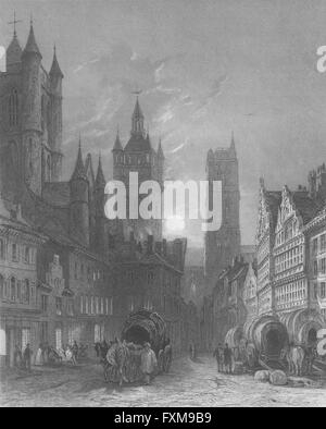 Gand : l'église St Bavon Beffrou Nicholas, Moonlight, antique print 1840 Banque D'Images