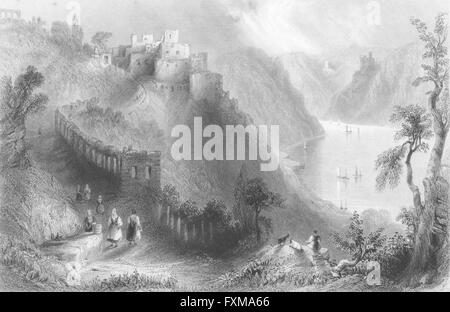 RHEINFELS : au-dessus de St Goar, Rhin : Wright-Bartlett, antique print 1841 Banque D'Images