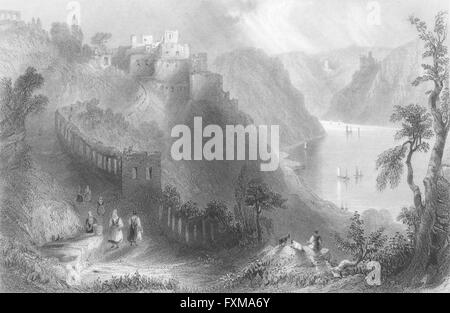 RHEINFELS : au-dessus de St Goar, Rhin : Wright-Bartlett, antique print 1840 Banque D'Images