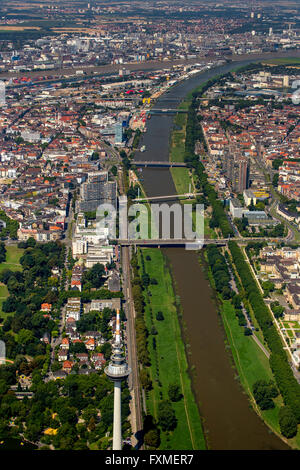 Vue aérienne, avec vue sur la rivière Neckar à Mannheim, Mannheim, Bade-Wurtemberg, Allemagne, Europe, vue aérienne, Banque D'Images