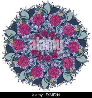 Motif floral kaléidoscopique, mandala de roses et de feuilles isolées sur fond blanc. Illustration de Vecteur