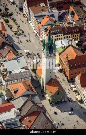 Vue aérienne de la Ville, tour à Theresienplatz Straubing, est de la Bavière, Bavière, Allemagne, Europe, vue aérienne, les oiseaux-lunettes de vue, Banque D'Images