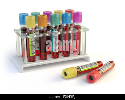Les tubes de sang. Des échantillons de sang dans un rack isolé sur blanc. 3d illustration Banque D'Images