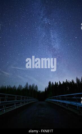 Un ciel de nuit plein d'étoiles et la voie lactée visible avec un pont sur le premier plan. Route menant à la forêt sombre. Banque D'Images