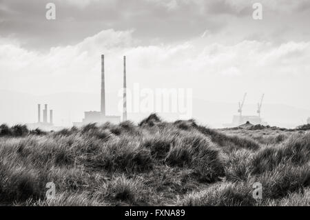 Vue sur le port de Dublin et de la centrale de Poolbeg Bull Island en noir et blanc Banque D'Images