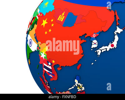 Carte politique de l'Asie de l'est avec chaque pays représenté par son drapeau national. 3D Illustration. Banque D'Images