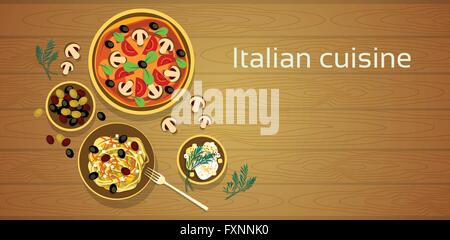 La cuisine italienne, une cuisine Traditionnelle Pizza Pasta Set Background Texture Bois Illustration de Vecteur