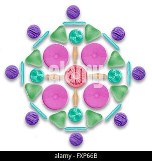 Les diatomées et les radiolaires existent. Couleur de l'analyse des électrons Microphotographie (SEM) d'une disposition circulaire des diatomées et divers. de radiolaires existent Les diatomées sont des algues unicellulaires planctoniques. Ils ont une paroi cellulaire minéralisées (frustule) divisé en deux moitiés. Le frustule contient de la silice et assure la protection et l'assistance. Radiolaires sont des protozoaires qui produisent des squelettes minéraux complexes. Ils sont trouvés comme le zooplancton tout au long de l'océan, et leurs restes de couvrir une grande partie de l'océan comme fond de boue à radiolaires. Banque D'Images