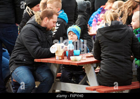 Stoholm, Danemark, Dimanche 17 Avril 2016 : la journée annuelle de matières organiques (Øko-dag) avec toutes les fermes ouvertes sur le Danemark. Beaucoup d'activités, parmi lesquels des échantillons de dégustation de produits laitiers, rencontrez les vaches, clap un veau et une aire de jeux de balle de paille géante. Crédit : Brian Bjeldbak/Alamy Live News Banque D'Images