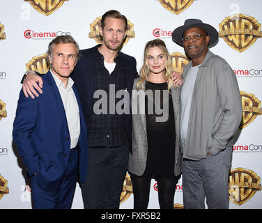 Las Vegas, Nevada, USA. 17 avr, 2016. Christoph Waltz, Alexander Skarsgard, Margot Robbie & Samuel L. arrive pour le CinemaCon 2016 : Sony Pictures Présentation de 2016 Films au Caesar's Palace. Credit : Lisa O'Connor/ZUMA/Alamy Fil Live News Banque D'Images