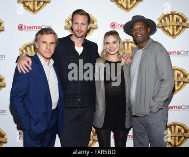 Las Vegas, Nevada, USA. 17 avr, 2016. Christoph Waltz, Alexander Skarsgard, Margot Robbie & Samuel L. arrive pour le CinemaCon 2016 : Sony Pictures Présentation de 2016 Films au Caesar's Palace. Credit : Lisa O'Connor/ZUMA/Alamy Fil Live News Banque D'Images