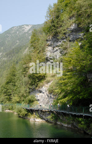 Les cyclistes, le lac de Hallstatt Hallstättersee (voir), Salzkammergut, Autriche Banque D'Images