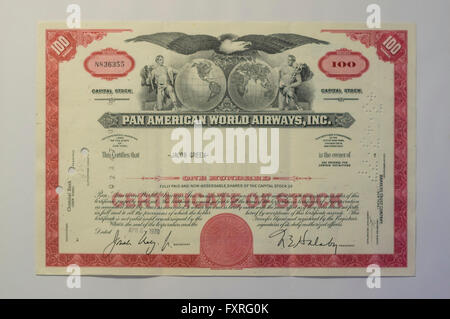 Ies Années 1970 Pan American World Airways certificat d'actions. Banque D'Images