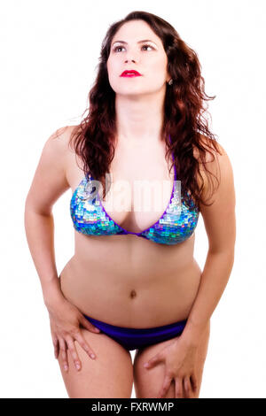 Caucasian Woman Standing In bikini bleu Banque D'Images