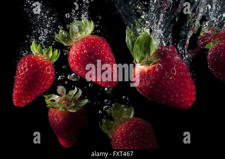 Fraises fraîches de tomber dans de l'eau splash Banque D'Images