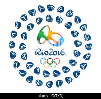 Kiev, Ukraine - le 12 mars 2016 : logo officiel de la Jeux Olympiques d'été de 2016 avec types de sport à Rio de Janeiro, Brésil, fr Banque D'Images