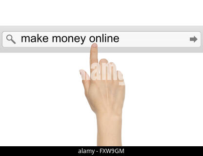 Pousse la main avec barre de recherche virtuel faire de l'argent en ligne mots sur fond blanc Banque D'Images