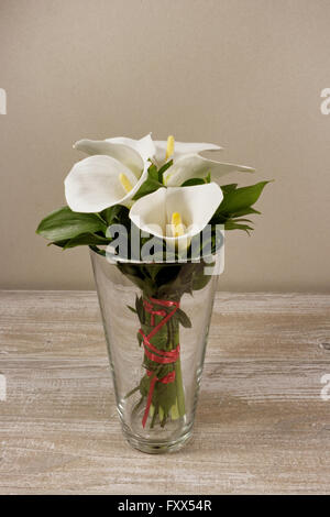 Lis calla blancs dans le vase sur le fond en bois Banque D'Images