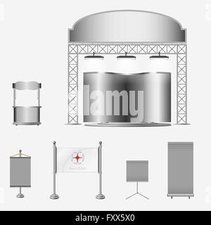 Stand d'exposition créative unique illustre la conception d'affichage avec table et chaise, info, rouler. Modèle de stand. L'identité de l'entreprise. Afficher la maquette. Maquette du vecteur Illustration de Vecteur