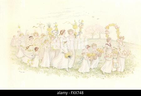 KATE GREENAWAY : bon anniversaire, antique print 1905 Banque D'Images