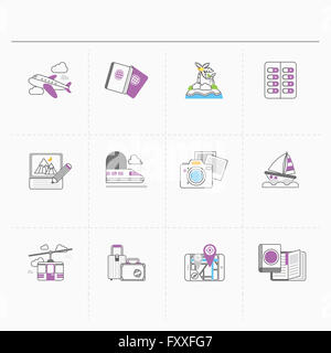 Ensemble d'icônes de ligne différentes liées à des voyages Banque D'Images