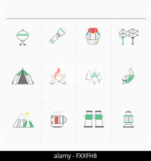 Ensemble d'icônes de ligne différents relatifs à camping Banque D'Images