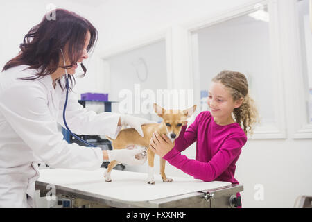 Girl petting son chien pendant l'examen de l'EFP Banque D'Images