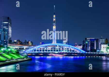 Tokyo, Japon skyline sur la rivière Sumida avec la Skytree la nuit. Banque D'Images