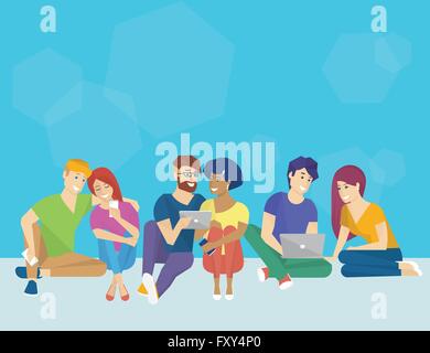 Groupe de personnes créatives en utilisant Smartphone, ordinateur portable et tablette PC assis sur le plancher Illustration de Vecteur