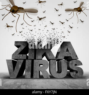 Danger virus Zika concept comme une illustration 3D de la transformation de texte à un groupe de l'essaimage des moustiques propagation de maladies infectieuses comme l'épidémie Une épidémie de santé publique et de la peur. Banque D'Images