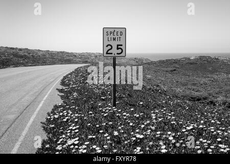 25 mph Vitesse Limite signe sur une route menant à la mer dans la distance Banque D'Images