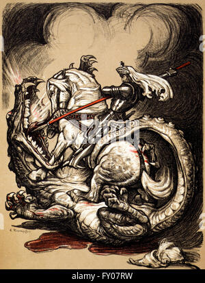 Une illustration de Saint Georges à cheval, terrassant le dragon. Artiste, Edward, 1914 Kaempster Banque D'Images