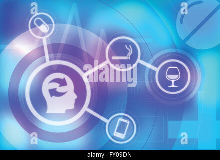 Traitement de cerveau humain avec mauvaise habitude icônes représente le concept de mauvaise habitude toxicomanie Banque D'Images