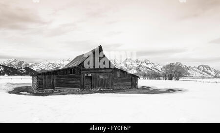 Moulton Barn et Tetons en hiver, Grand Teton National Park, Wyoming, USA Banque D'Images