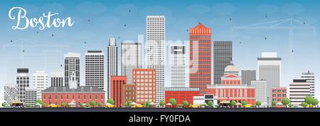 Boston Skyline avec les immeubles gris et rouge et bleu ciel. Vector Illustration. Les voyages d'affaires et tourisme Concept Illustration de Vecteur