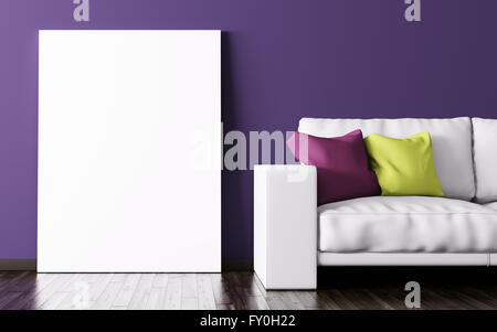 Intérieur de salle de séjour avec canapé blanc et de l'affiche du mur contre violet rendu 3D Banque D'Images