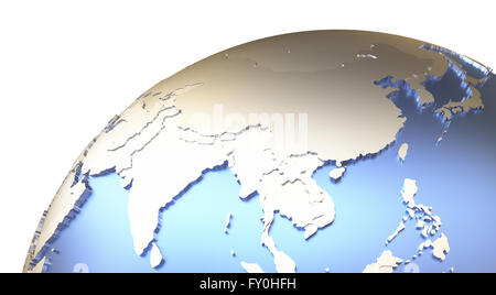L'Asie du Sud-Est Le modèle métallique de la planète Terre de continents et d'autre des frontières visibles. Le rendu 3D. Banque D'Images