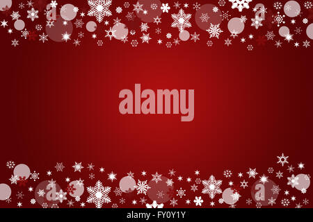 Le blanc et argent boules floues et les flocons de neige sur un fond rouge avec du centre. Banque D'Images
