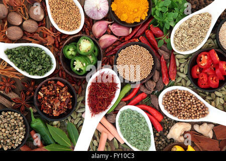 Grande collection d'épices et d'herbes dans des bols et des cuillères formant un motif de fond. Banque D'Images