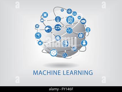 Infographie de l'apprentissage automatique. Les dispositifs de renseignement connecté avec globe. Illustration de Vecteur