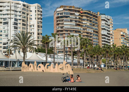 La plage de Malagueta, Malaga, Andalousie, Espagne, Banque D'Images