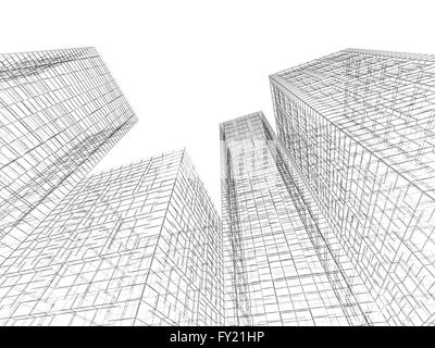 Résumé fond graphique numérique. Les immeubles de grande hauteur la vue perspective, lignes du fil noir isolé sur fond blanc. Re 3d Banque D'Images