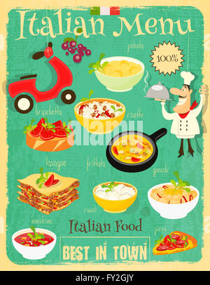 Carte de menu de cuisine italienne avec repas traditionnel. Retro Vintage Design. La cuisine italienne. Collecte de denrées alimentaires. L'illustration. Banque D'Images