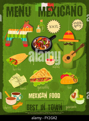 La cuisine mexicaine traditionnelle avec carte Menu repas épicé dans Retro Vintage Style. L'illustration. Banque D'Images