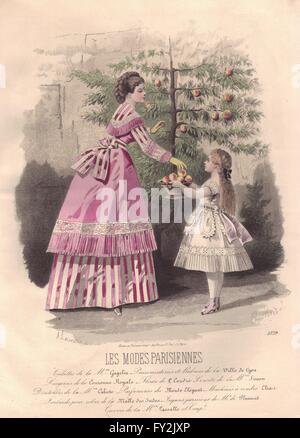 Famille : mère parisienne & girl picking fruit. rose, antique print 1869 Banque D'Images