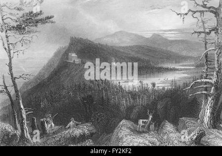 Les deux lacs et le Mountain House sur les Catskills, New York. WH BARTLETT, 1840 Banque D'Images