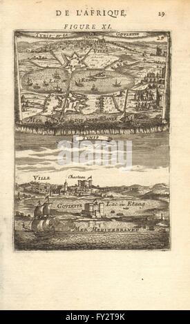 Tunisie : Affichage & plan de 'Tunis et la Goulette'. Kasbah château port. MALLET 1683 Banque D'Images