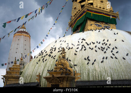 Swayambhunath Stupa views, une variété de sanctuaires et temples qui est connu comme le temple des singes, un ancien complexe religieux à Banque D'Images